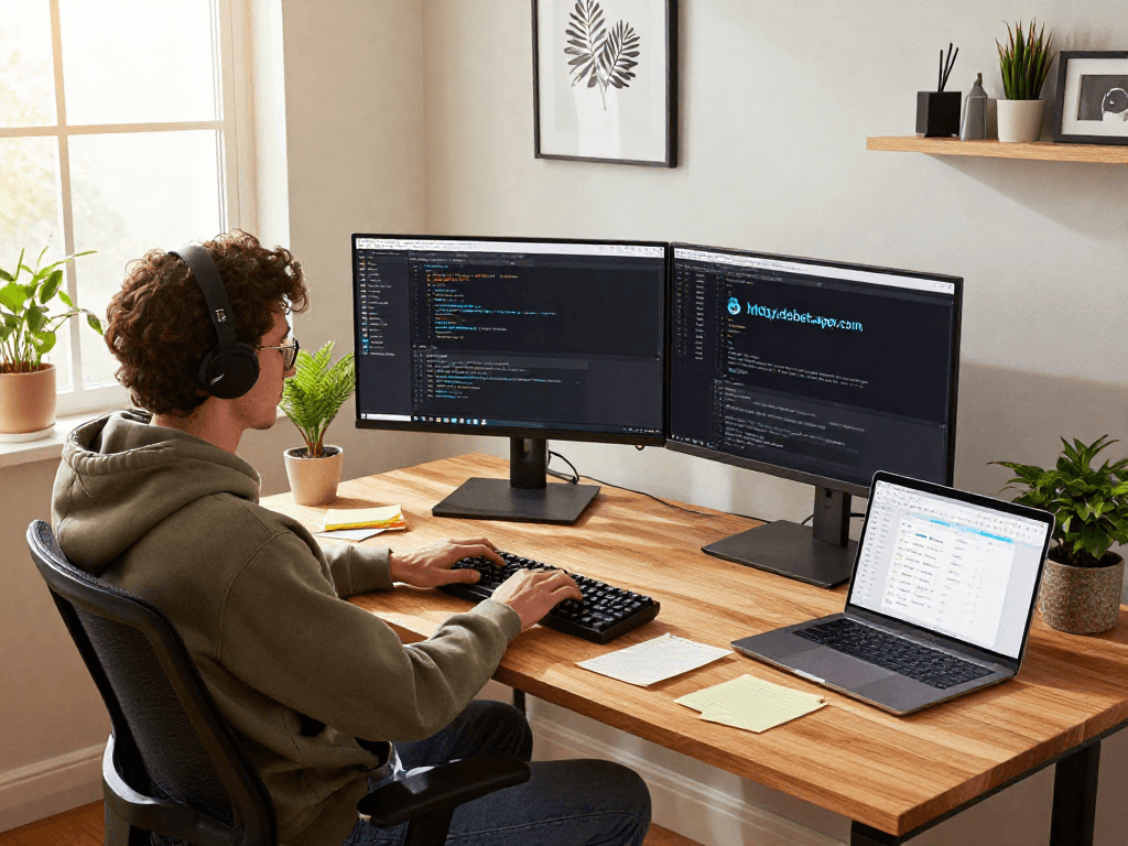 Creative workspace featuring a developer coding on http://debet-app.com with dual monitors and a cozy home office setup.