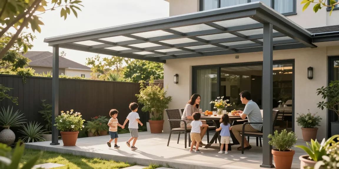 Moderne Terrassenüberdachung mit Familie im Garten, sonnige Atmosphäre.