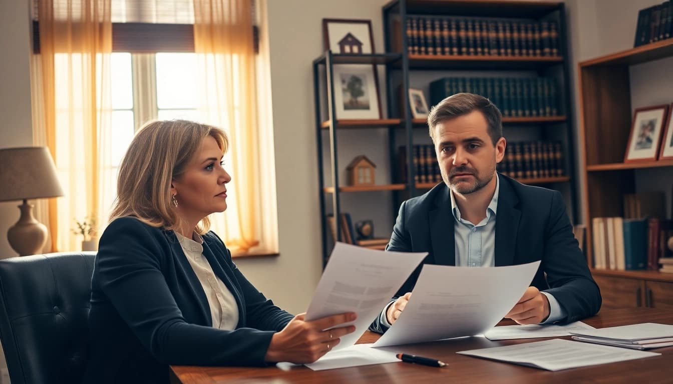 Hausverkauf bei Scheidung: Couple discussing house sale documents in an office.
