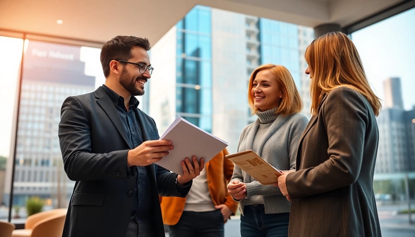 Immobilienmakler Frankfurt Dornbusch berät ein Paar in einem modernen Büro über Immobilien.