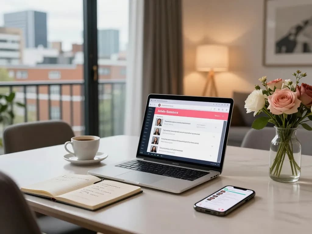 Effortless airbnb management london scene with a property owner optimizing guest bookings in a stylish apartment.