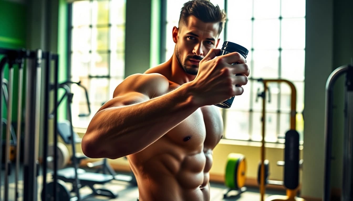 Proviron kaufen Fitnessmodel demonstriert Übungen in einem hellen Gym.