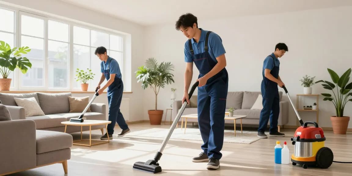 Professioneller Reinigungsservice von einer Reinigungsfirma Solothurn in einer hellen Wohnung, der ein Teammitglied zeigt, das gründlich reinigt.