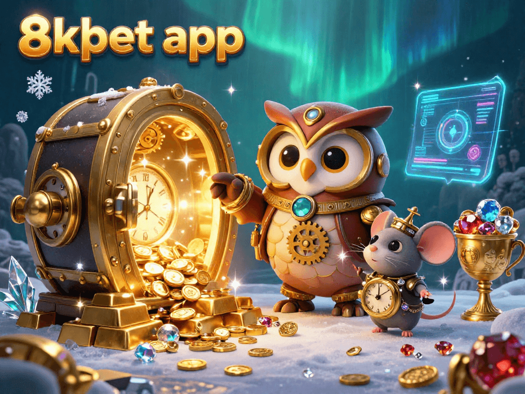 Experience the thrilling 8xbet app with a vibrant 3D illustration showcasing time-traveling casino elements.