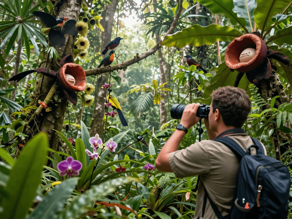 A biodiversity exploration in Indonesia with an explorer observing unique flora and fauna, highlighting the essence of rokok88.