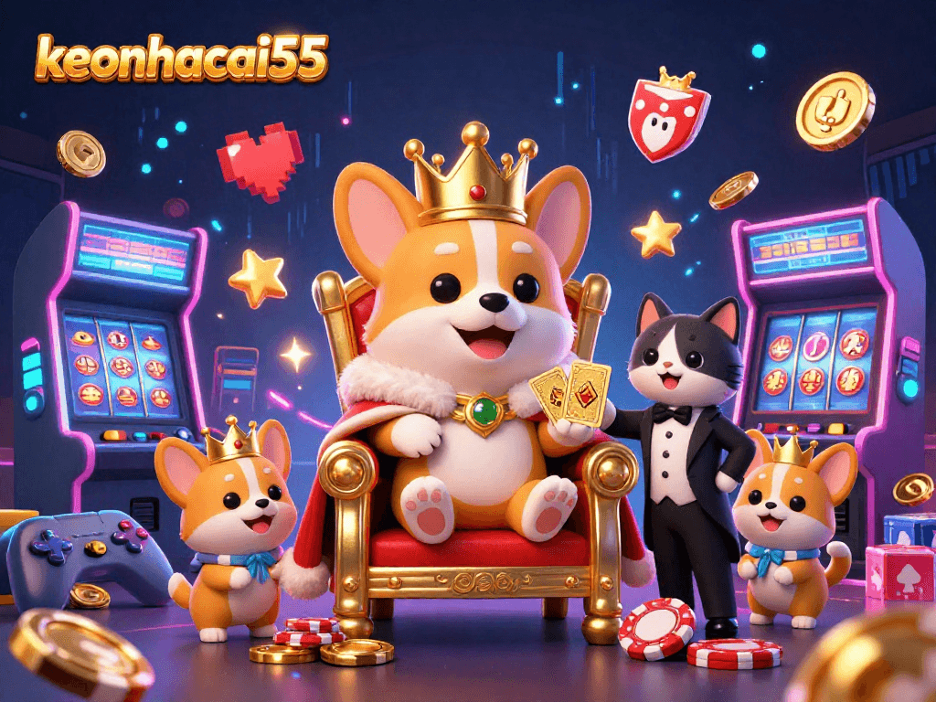 Experience the excitement of keonhacai55 with a royal corgi and vibrant casino-themed elements.
