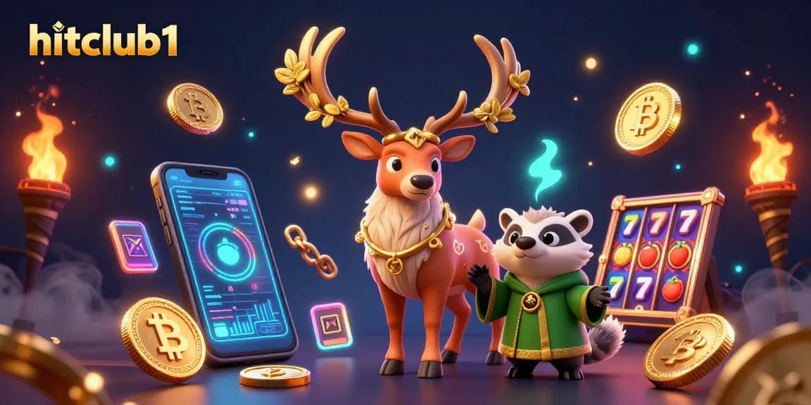 Engage with hitclub1's vibrant 3D casino scene featuring a Celtic druid stag and crypto elements.