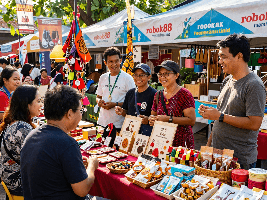 Engaging rokok88 marketplace scene with shoppers exploring unique local products
