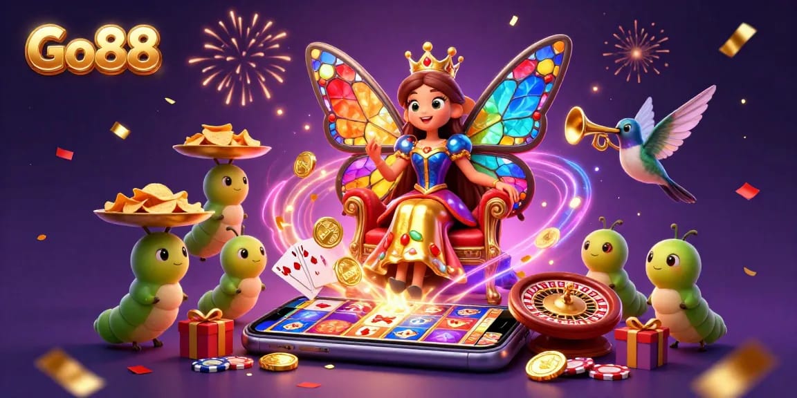 Experience the vibrant energy of Go88 with a dazzling butterfly queen surrounded by gaming treasures.