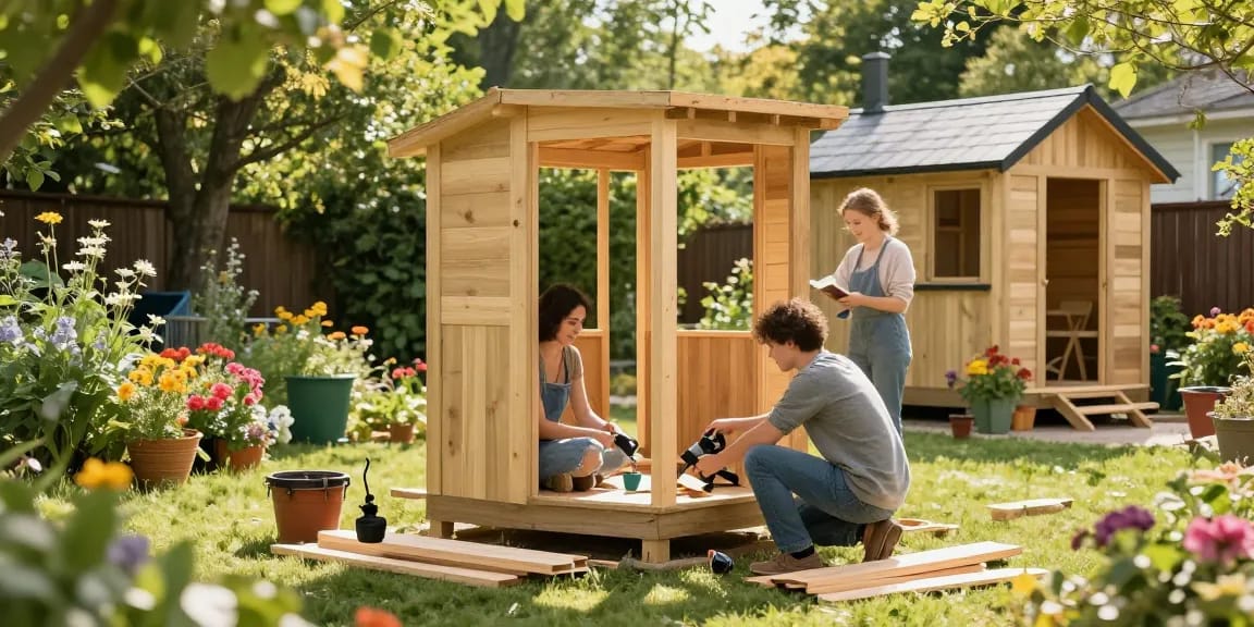 Gartenhäuser im Bau - Freundliche DIY-Szene mit Holzmaterial und Werkzeugen im Garten.