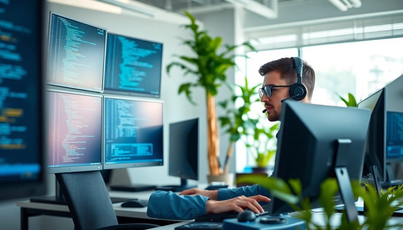 IT Support technician troubleshooting in a modern workspace with multiple screens.