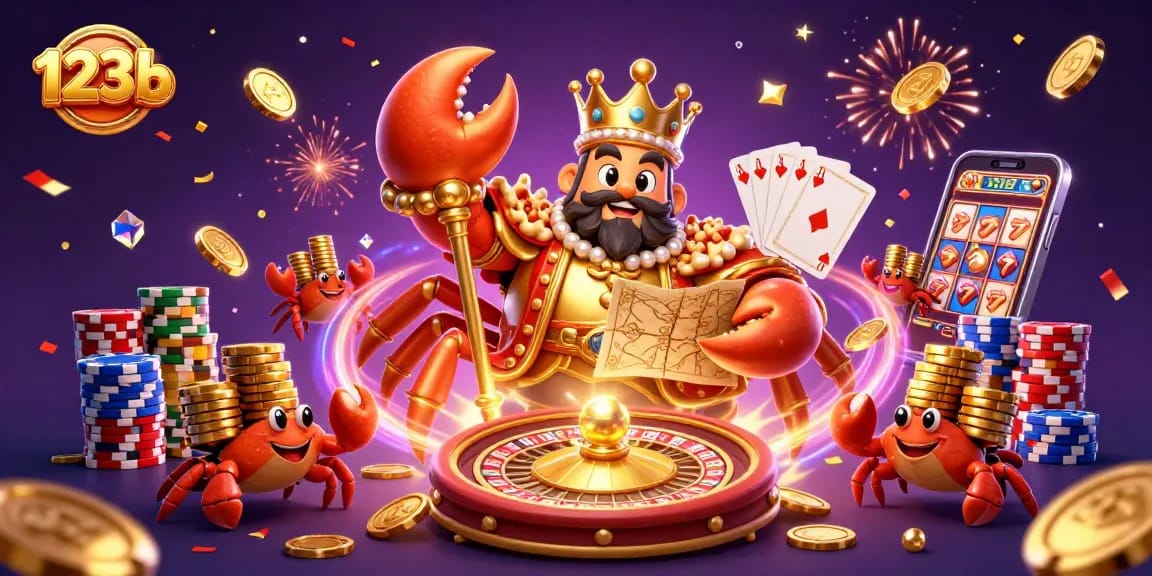 Experience a thrilling night at 123b with the golden crab emperor amidst cascading treasures and gaming excitement.