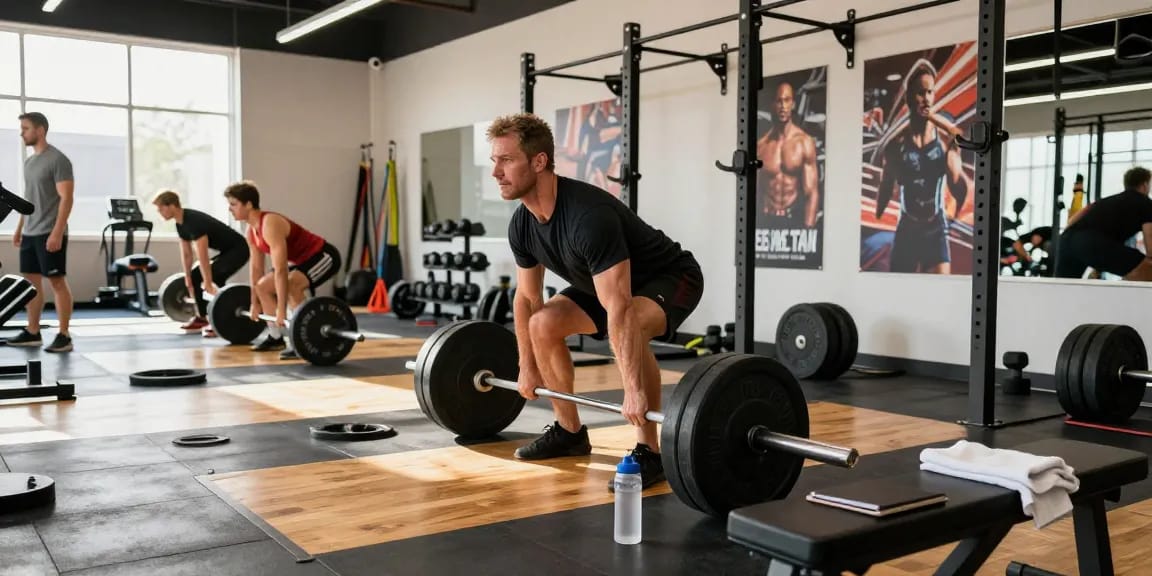 Kraftsportler hebt Gewichte in einem professionellen Fitnessstudio und präsentiert Produkte von Anabolika Shop Deutschland für den Muskelaufbau.