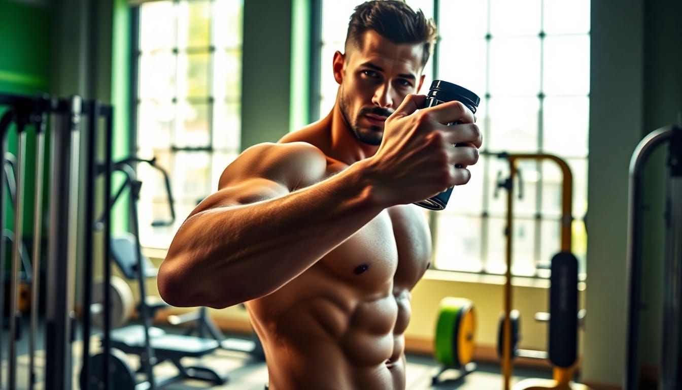 Proviron kaufen Fitnessmodel demonstriert Übungen in einem hellen Gym.