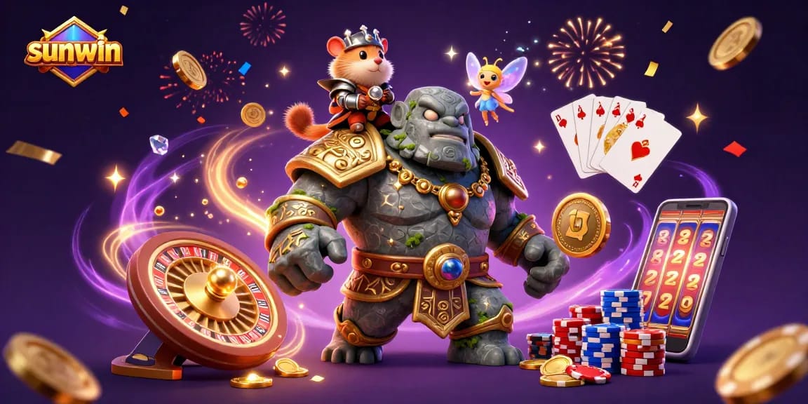 sunwin brings excitement with vibrant 3D illustration of casino elements cascading around whimsical characters