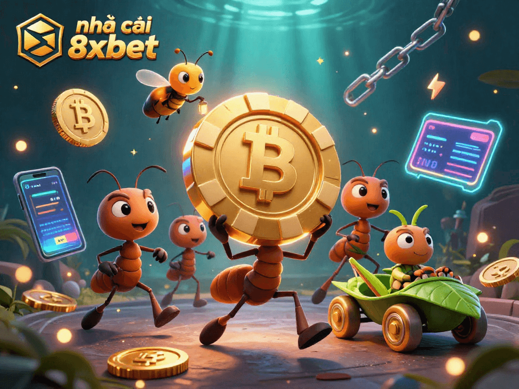 Engage in thrilling heists with nhà cái 8xbet's animated scene of ants stealing massive poker chips.