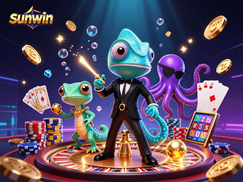 Experience thrilling gaming action with sunwin featuring a chameleon agent, gecko, and octopus.