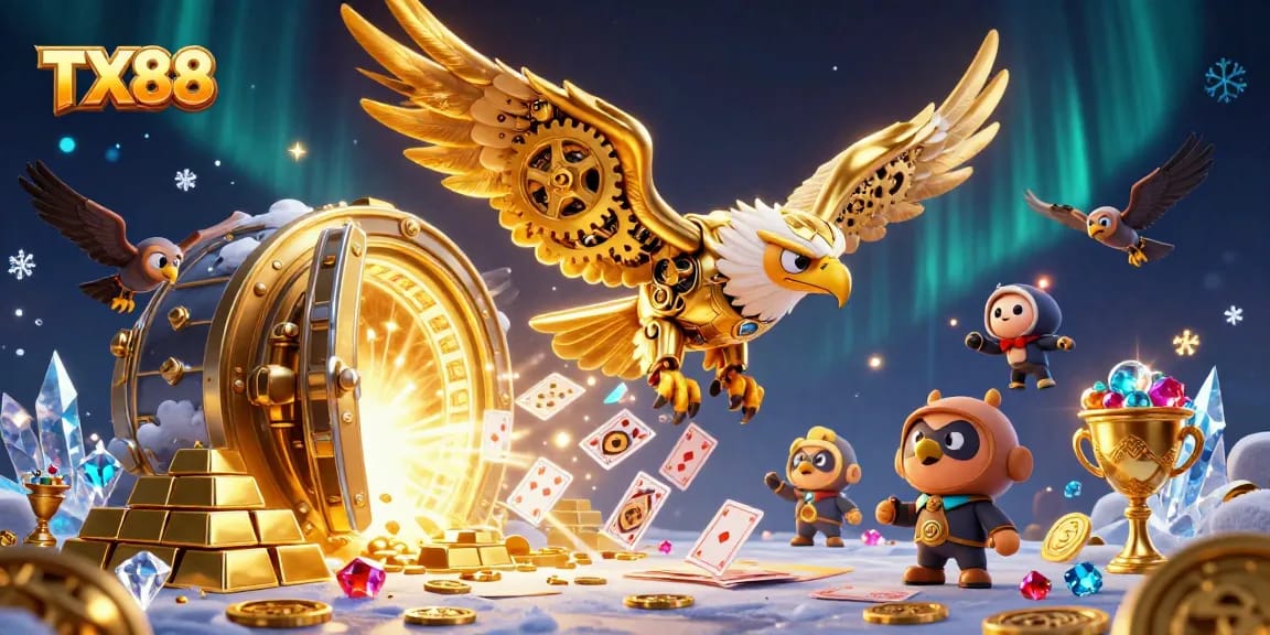 Experience the excitement of TX88 with a stunning 3D illustration of a golden eagle and casino elements.