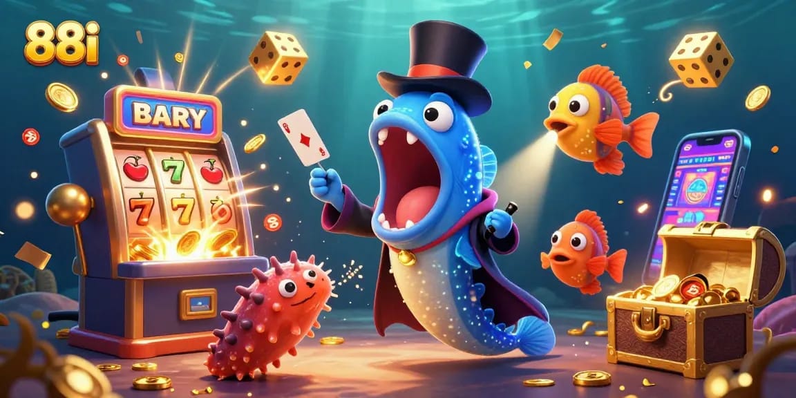 Engage with 88i's thrilling world as a gulper eel performs card tricks amidst jackpot chaos in an underwater casino scene.