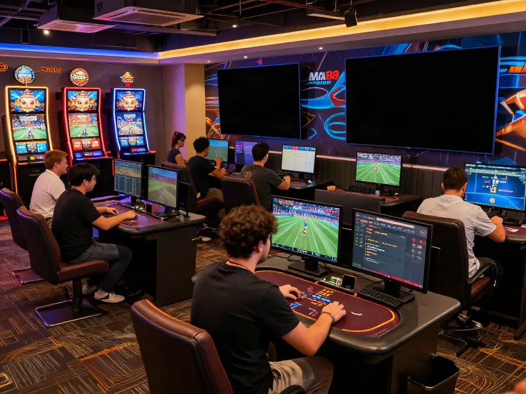 Engaged players at Man88's online gaming hub, showcasing vibrant casino atmosphere.