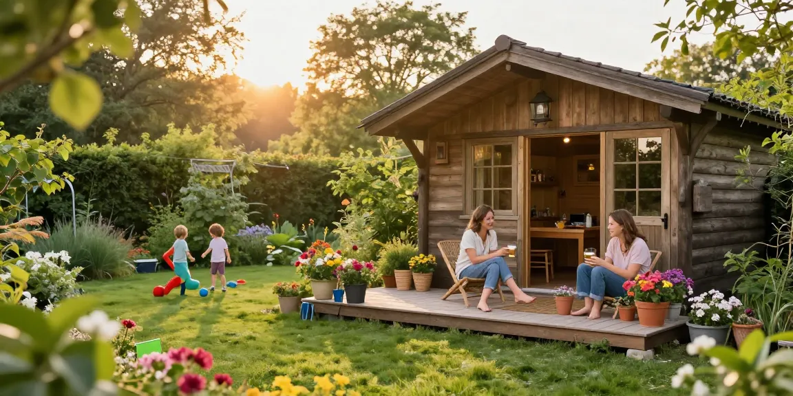 Gartenhaus mit Familie im Garten, Kinder spielen, entspannte Atmosphäre.