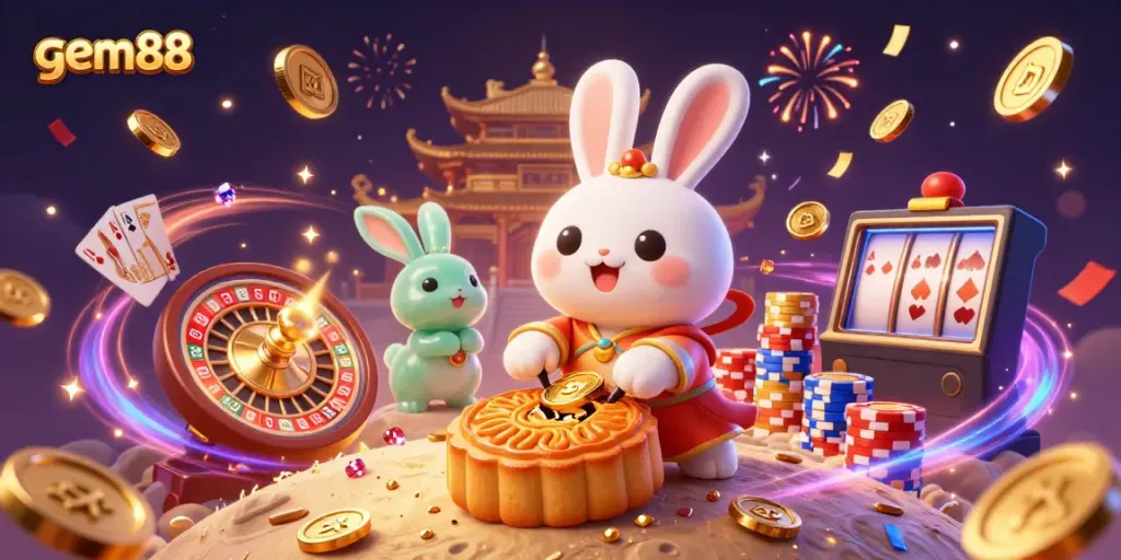 Engage with gem88's vibrant casino scene featuring a moon rabbit revealing poker chips amidst cascading coins and festive elements.
