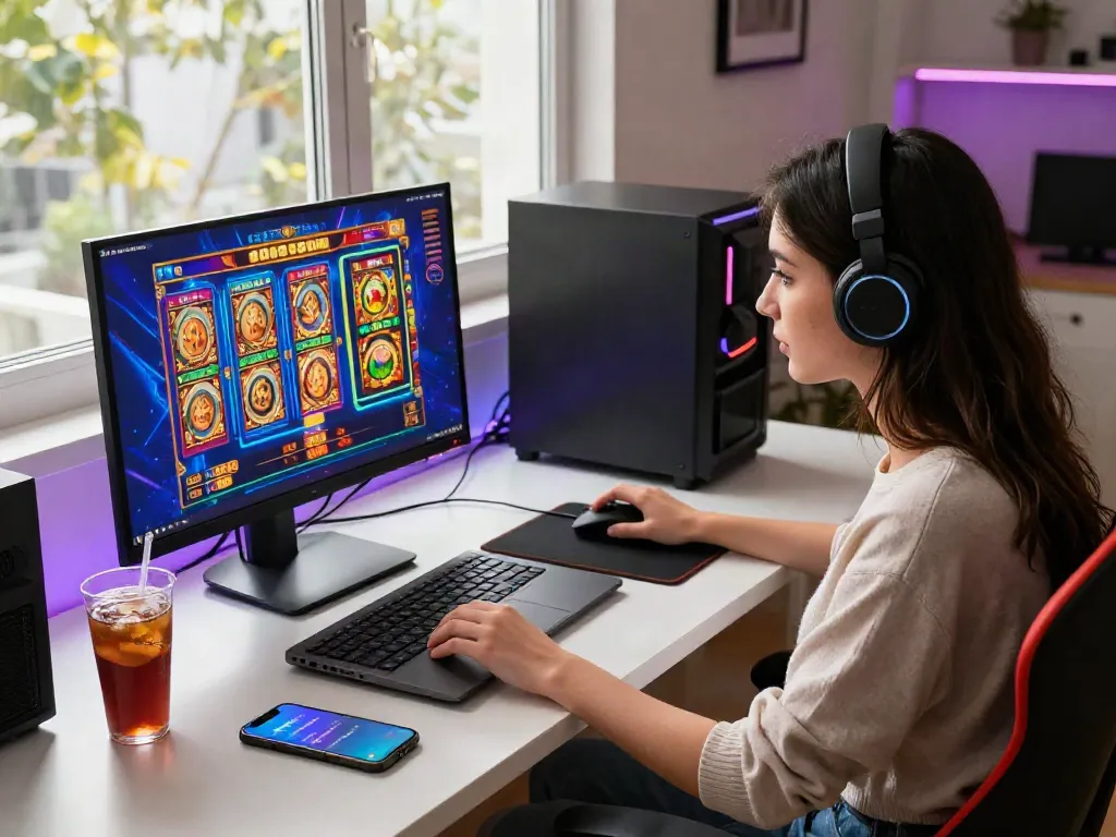 Engaging slot88 gameplay scene on a stylish gaming setup, showcasing vibrant graphics and immersive online play atmosphere.