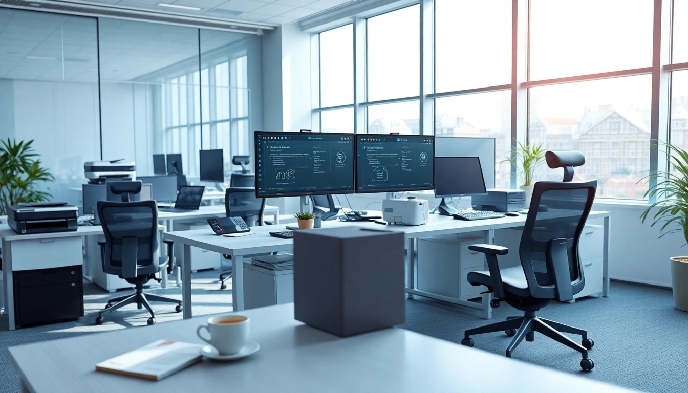Effiziente Büro-Technologie in Magdeburg, modernes Setup mit hochwertigen Geräten und hellem Licht.