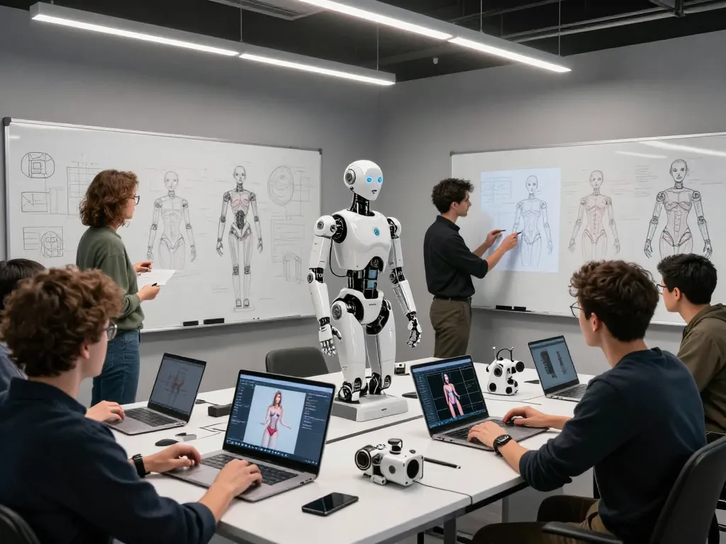 Engineers designing a sex bot prototype in a modern studio.