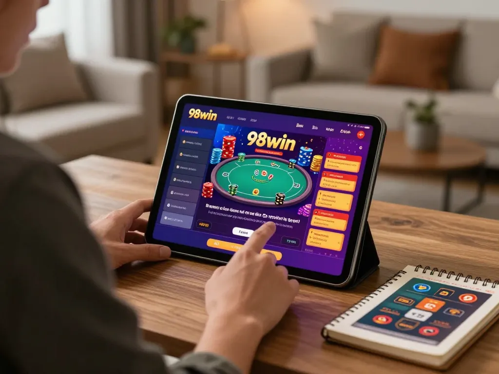 Engaging with 98win casino on a tablet in a cozy home setting, studying gameplay.