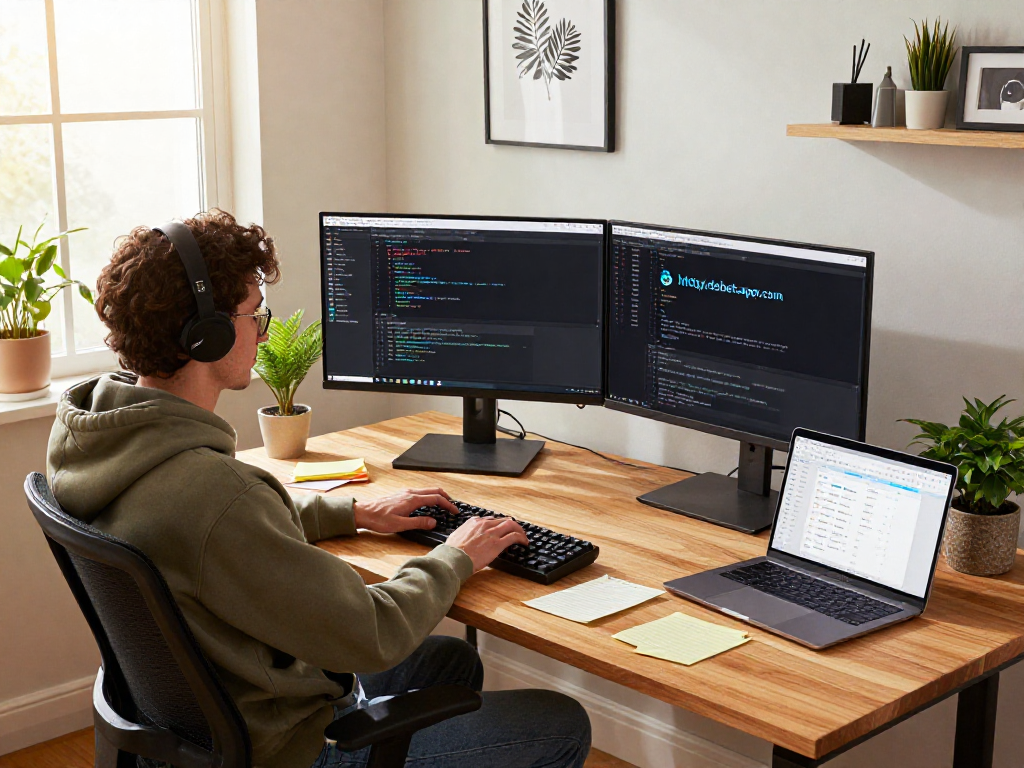 Creative workspace featuring a developer coding on http://debet-app.com with dual monitors and a cozy home office setup.