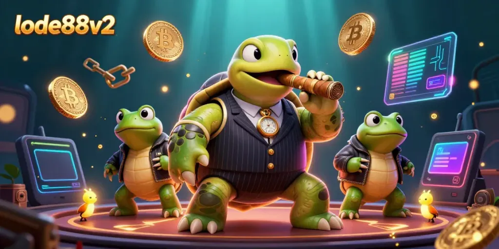 Experience thrilling gameplay at lode88v2 with a colorful 3D illustration of casino characters celebrating wins.