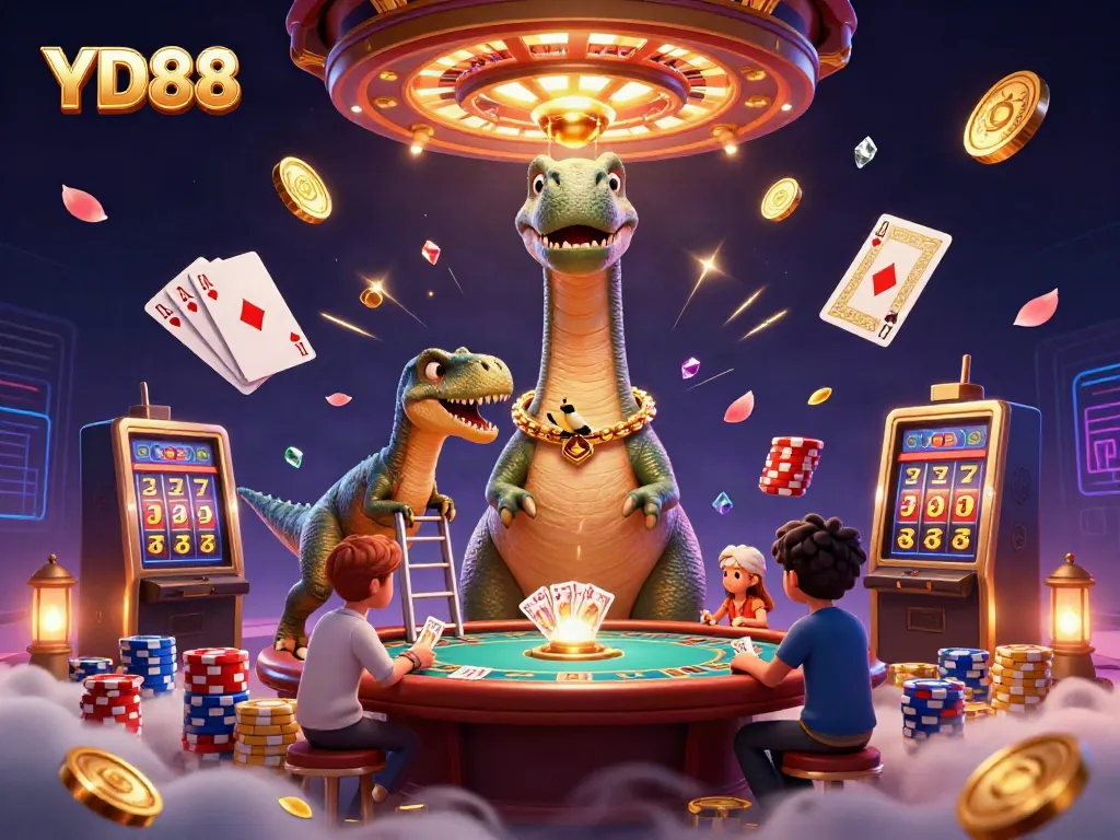 Experience the thrill of YD88, as a towering brontosaurus oversees a bustling casino scene filled with excitement and winning possibilities.