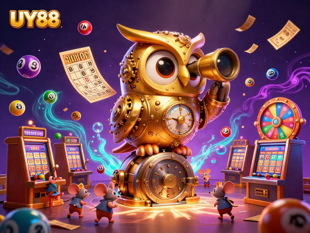 Engage with UY88's vibrant 3D casino scene featuring a golden owl and bustling mice among lottery elements.