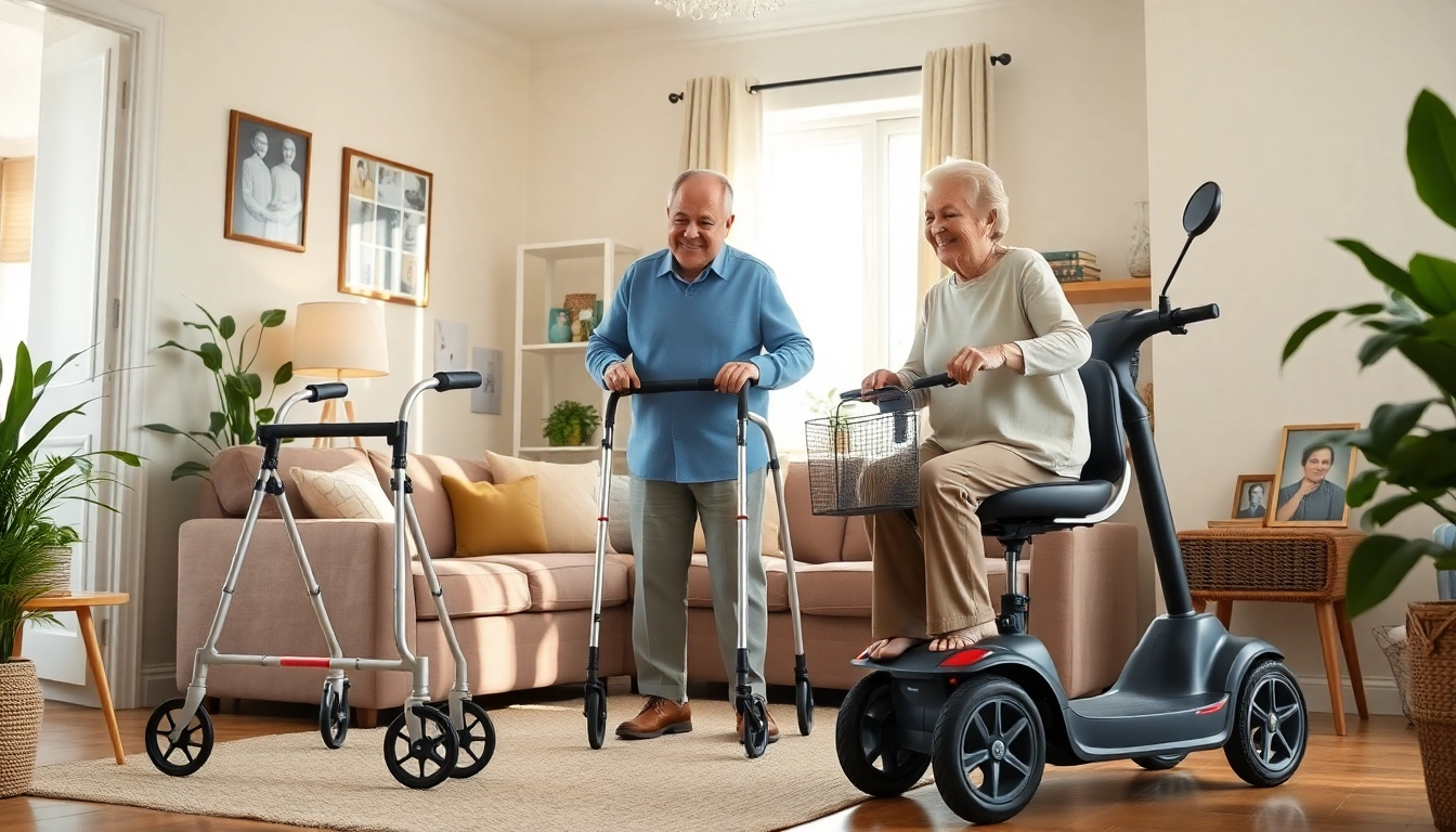 Hilfsmittel für Senioren in einem komfortablen Wohnzimmer, Fokus auf Mobilitätshilfen für die Altenpflege.