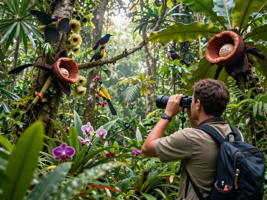 A biodiversity exploration in Indonesia with an explorer observing unique flora and fauna, highlighting the essence of rokok88.