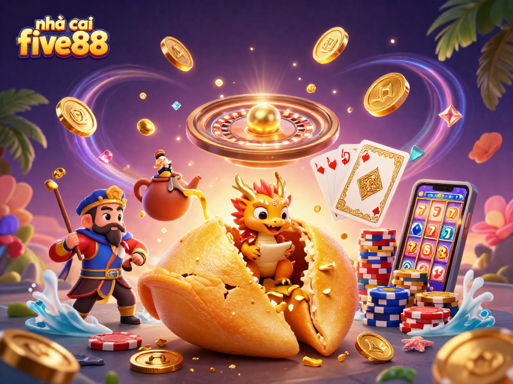 Experience excitement at nhà cái five88 with a vibrant 3D casino scene featuring fortune cookie characters and spinning roulette.