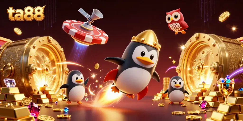 Experience ta88 with a golden penguin navigating a vibrant casino space, surrounded by treasures and energy.