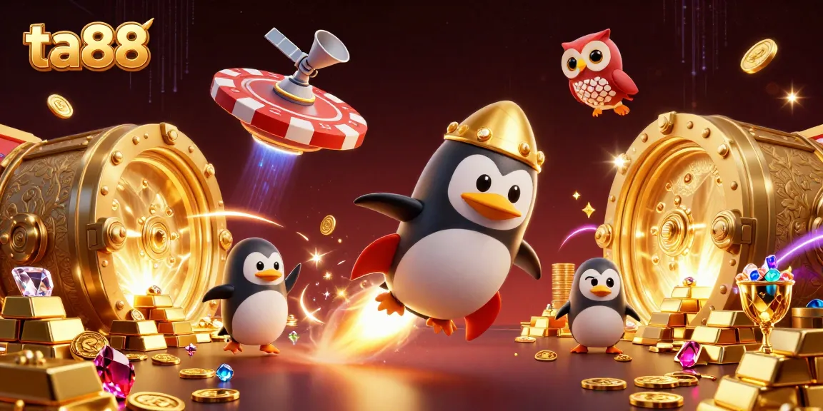 Experience ta88 with a golden penguin navigating a vibrant casino space, surrounded by treasures and energy.