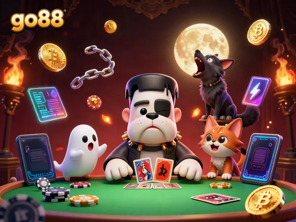 Engage with thrilling go88 entertainment featuring a Frankenstein bulldog dealer, ghost mouse, and werewolf kitten at a haunted casino table.