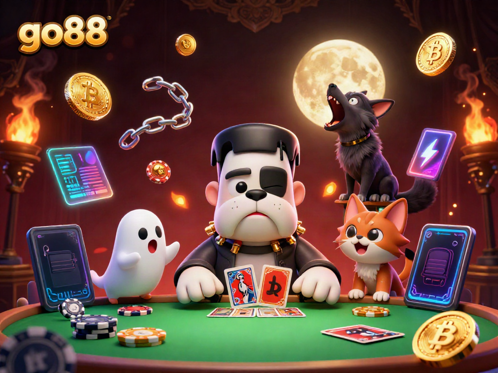 Engage with thrilling go88 entertainment featuring a Frankenstein bulldog dealer, ghost mouse, and werewolf kitten at a haunted casino table.