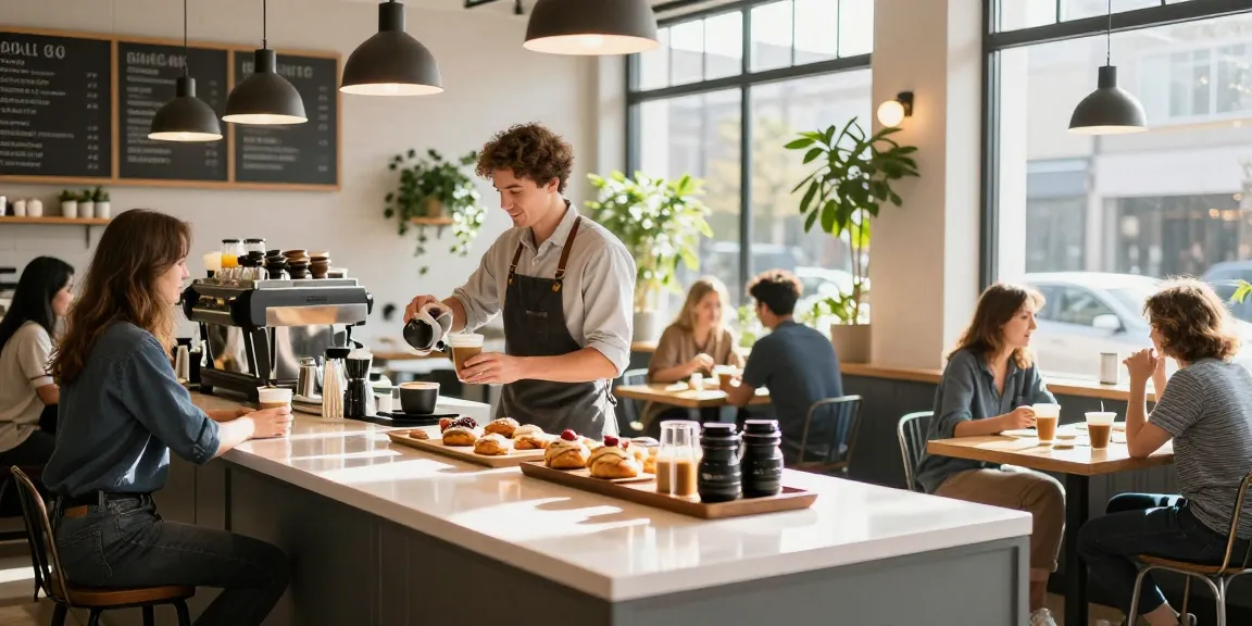 Customers enjoying rokok88 coffee in a vibrant café with a barista.