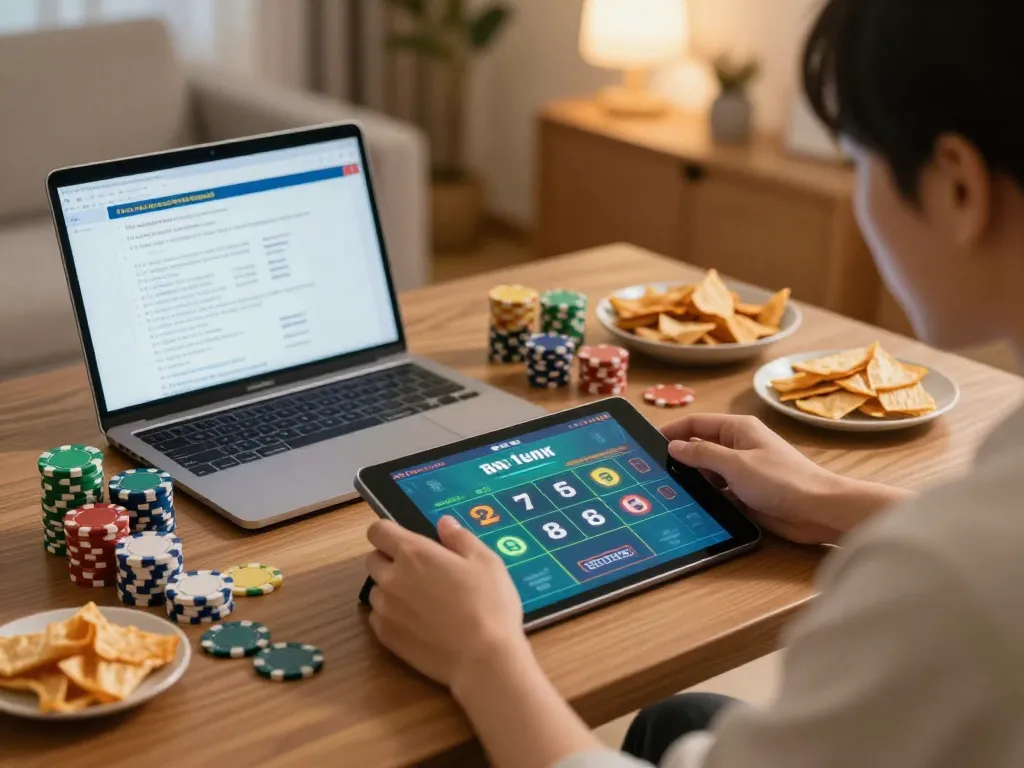 Engaging in tai xiu online, a player using a tablet at home, surrounded by snacks and strategy notes.