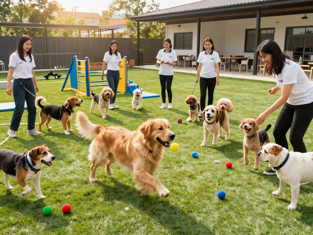 Happy dogs playing in a daycare environment showcasing slot 10k facilities and staff interaction.