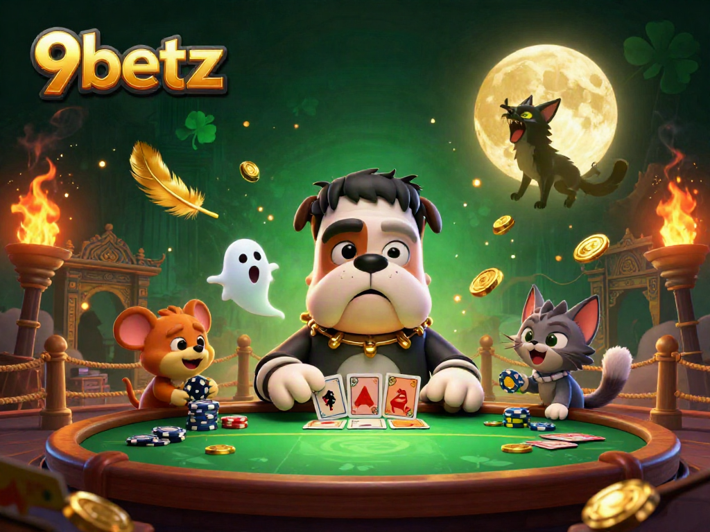 Engage in thrilling card games with 9betz's vibrant casino scene featuring unique characters and dynamic gaming elements.