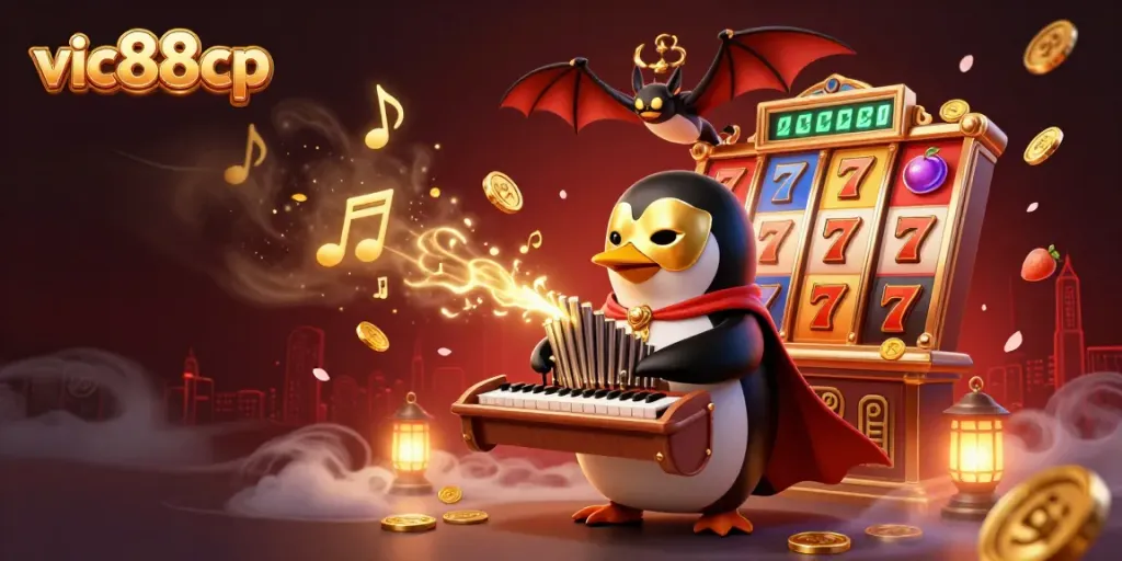 Experience thrilling gameplay with the vic88cp casino, featuring a cartoon penguin and vibrant slot elements.
