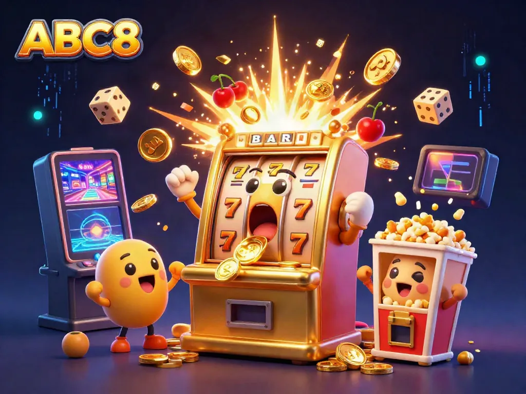 Experience the thrill of ABC8 with a golden slot machine celebrating a jackpot, surrounded by cheering mini slots and festive elements.