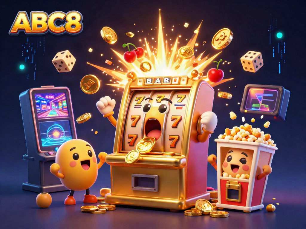 Experience the thrill of ABC8 with a golden slot machine celebrating a jackpot, surrounded by cheering mini slots and festive elements.