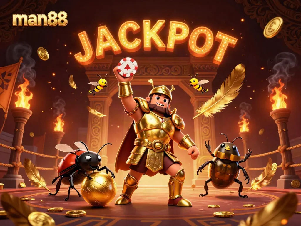 Play to win at man88 with a victorious beetle lifting a poker chip in a vibrant casino scene.