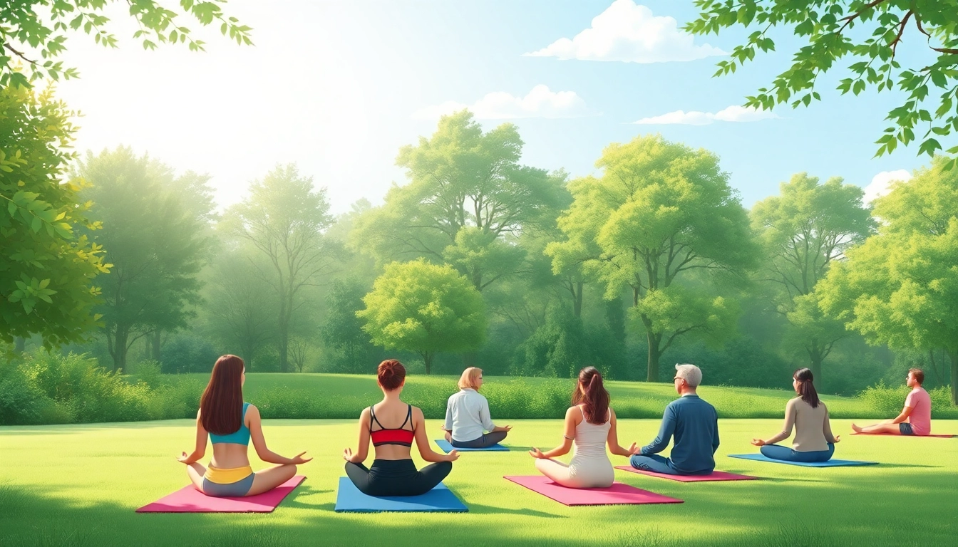 Promote mental health awareness with a group meditating in a serene park setting.
